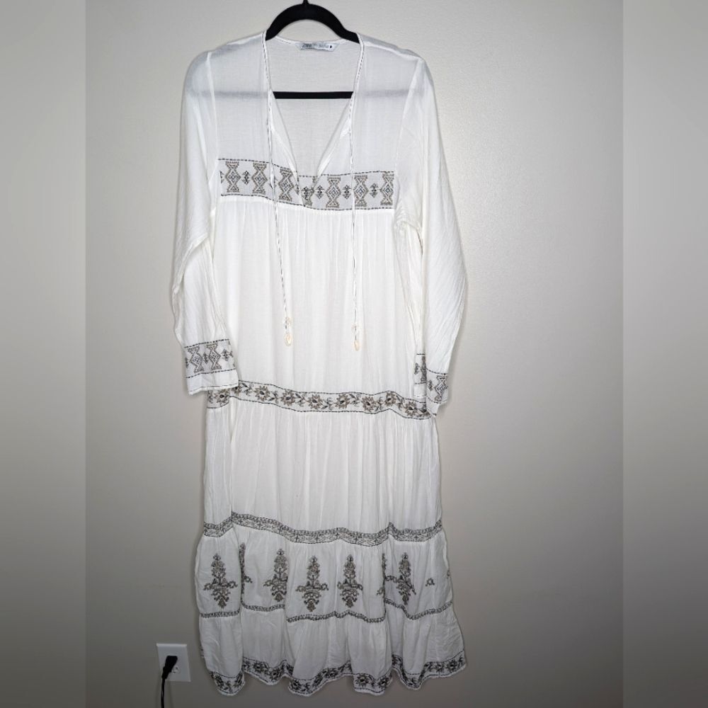 Zara Maxi White Embroidered Tiered Dress sz L